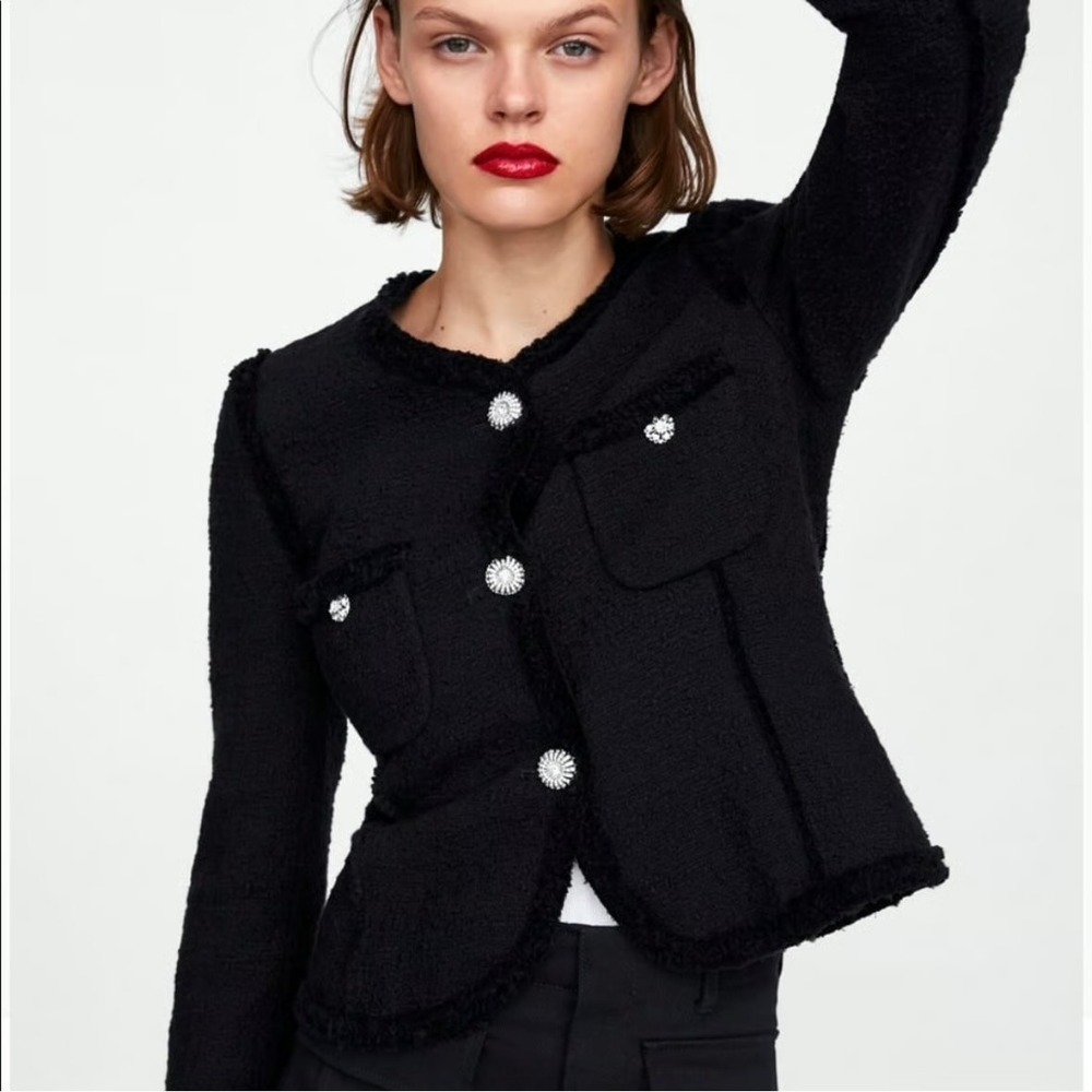 Zara Woman Black Tweed Jacket Pearl Button Jewel Pockets Cropped XS
